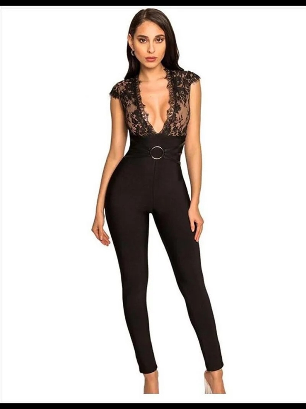 Miss Circle Bandage And Lace Jumpsuit Size S Deep V Belt Detail Party Club